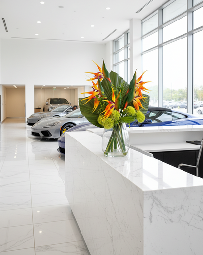 Officeflower in A white marble reception desk in a bright car showroom, decorated with a clear glass vase holding a vibrant orange and green tropical flower arrangement. In the background, several luxury sports cars are parked inside the showroom.