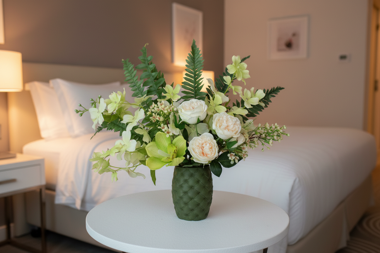 Artificial Floral arrangement for hotel in a green vase on a round table in a bedroom setting.
