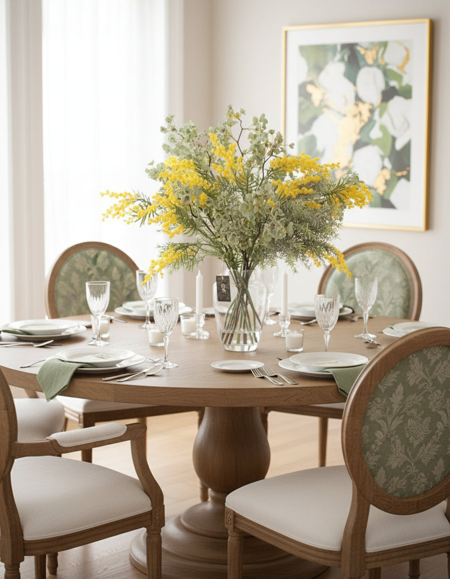 Artificial flower arrangement featuring vibrant yellow wattle blooms mixed with soft green eucalyptus leaves, displayed in a clear glass vase filled with faux stems for a natural, elegant look.