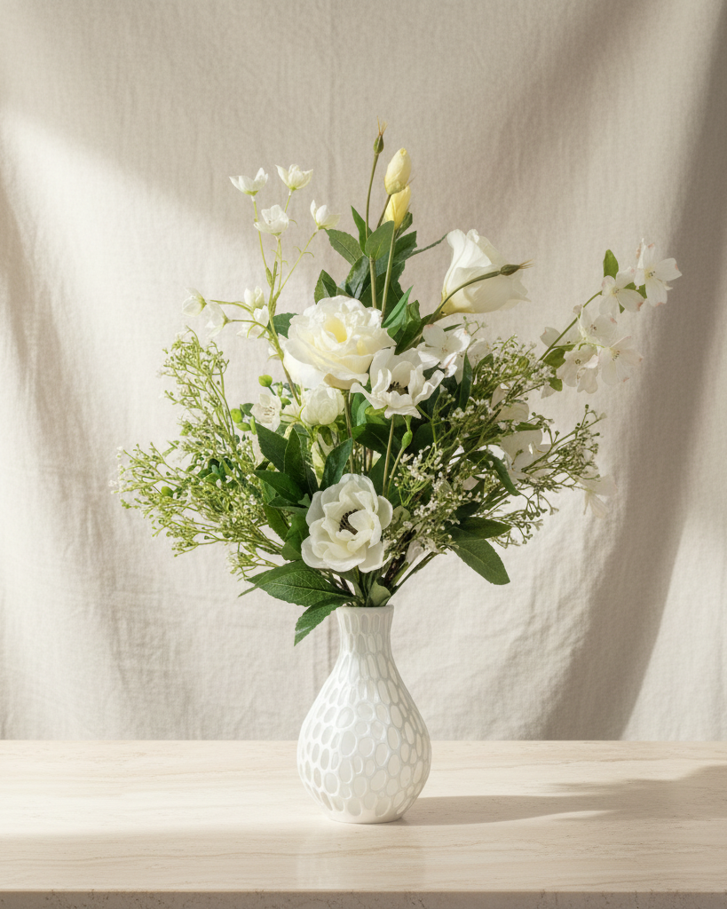 White vase with a bouquet of flowers on a wooden surface against a beige curtain background