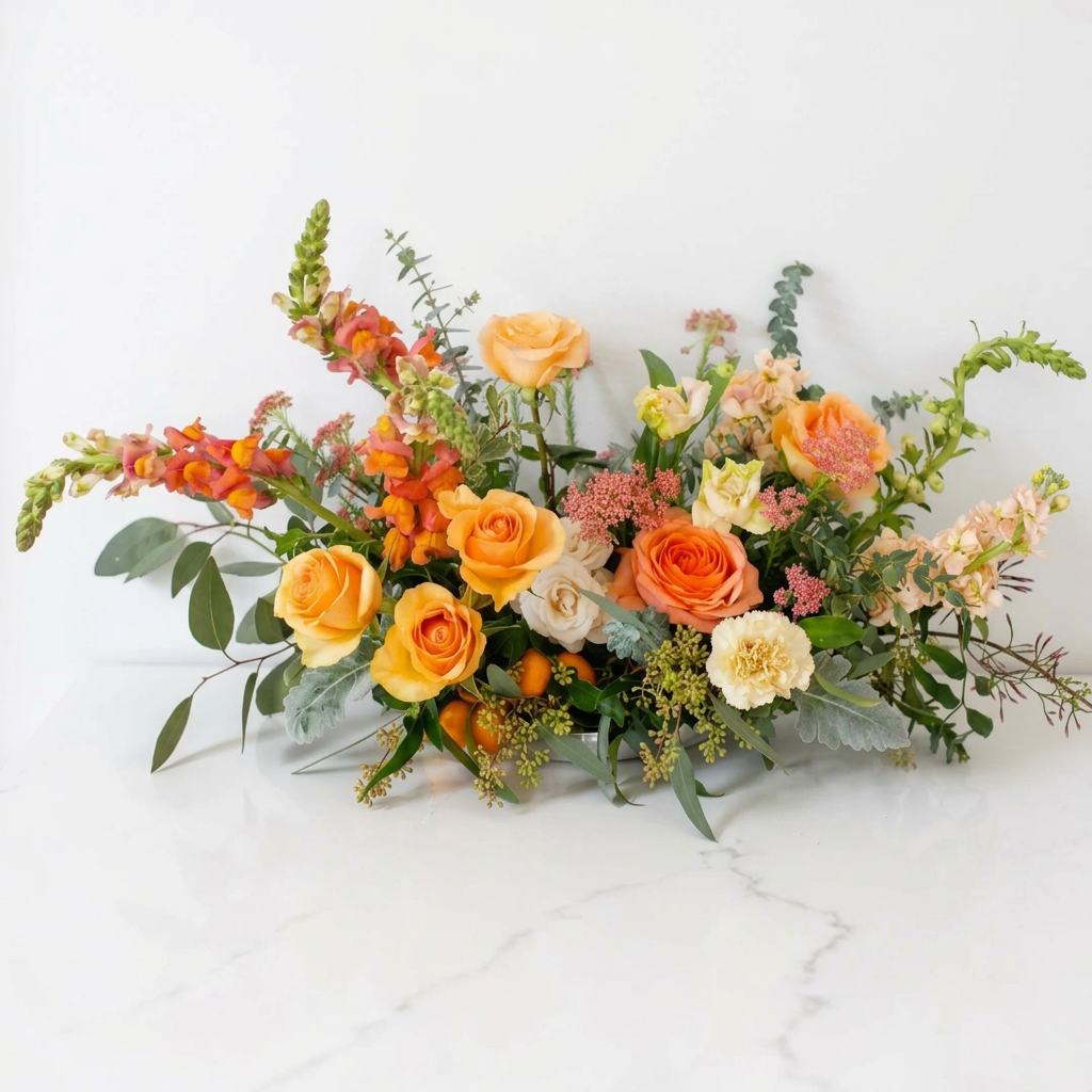 A vibrant floral arrangement featuring orange and yellow roses, peach snapdragons, white chrysanthemums, and green foliage on a white surface against a white background.