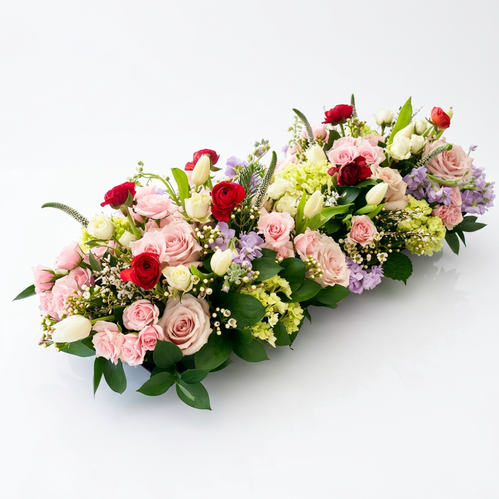 A long floral centerpiece arrangement on a light beige tablecloth, featuring pink and red roses, cream tulips, green foliage, and small purple flowers