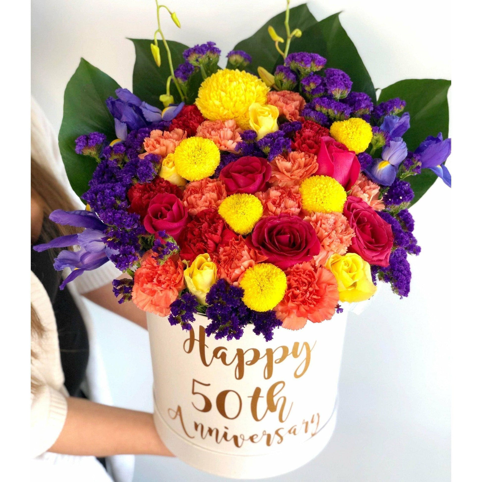 RainBow Flower Box featuring roses, carnations, chrysanthemums, Billy Balls, and Statice