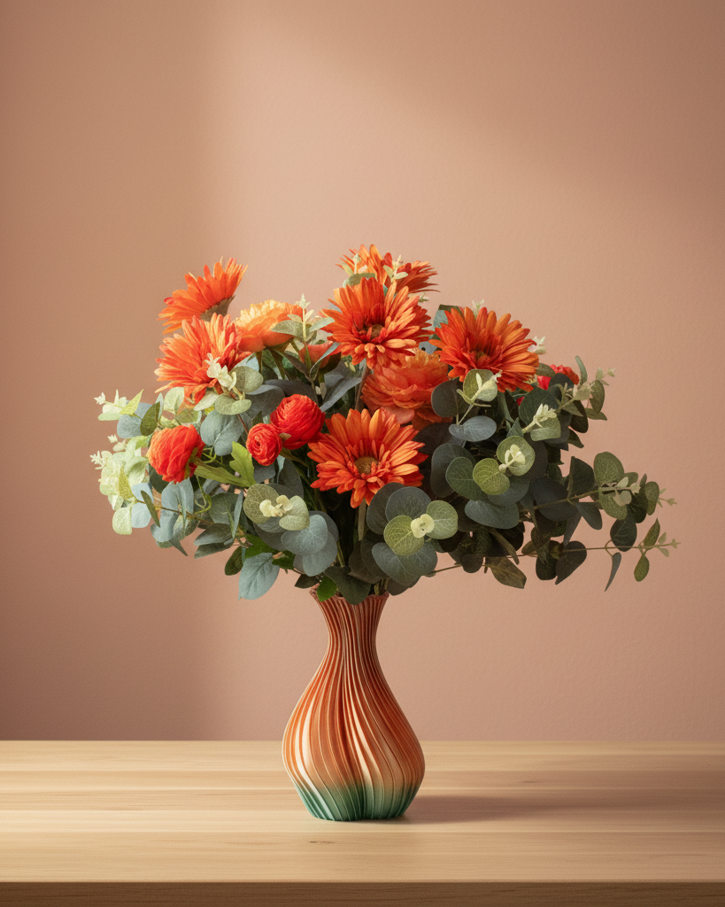 Artificial flower arrangements in a vase on a wooden table with a brown