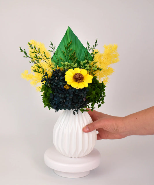 preserved Sunflower  arrangement with hydrangea, palm leaves, and pampas grass in white vase