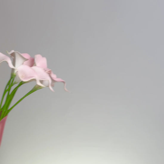 Bouquet of pink flowers with a white circular object in the foreground on a gray background