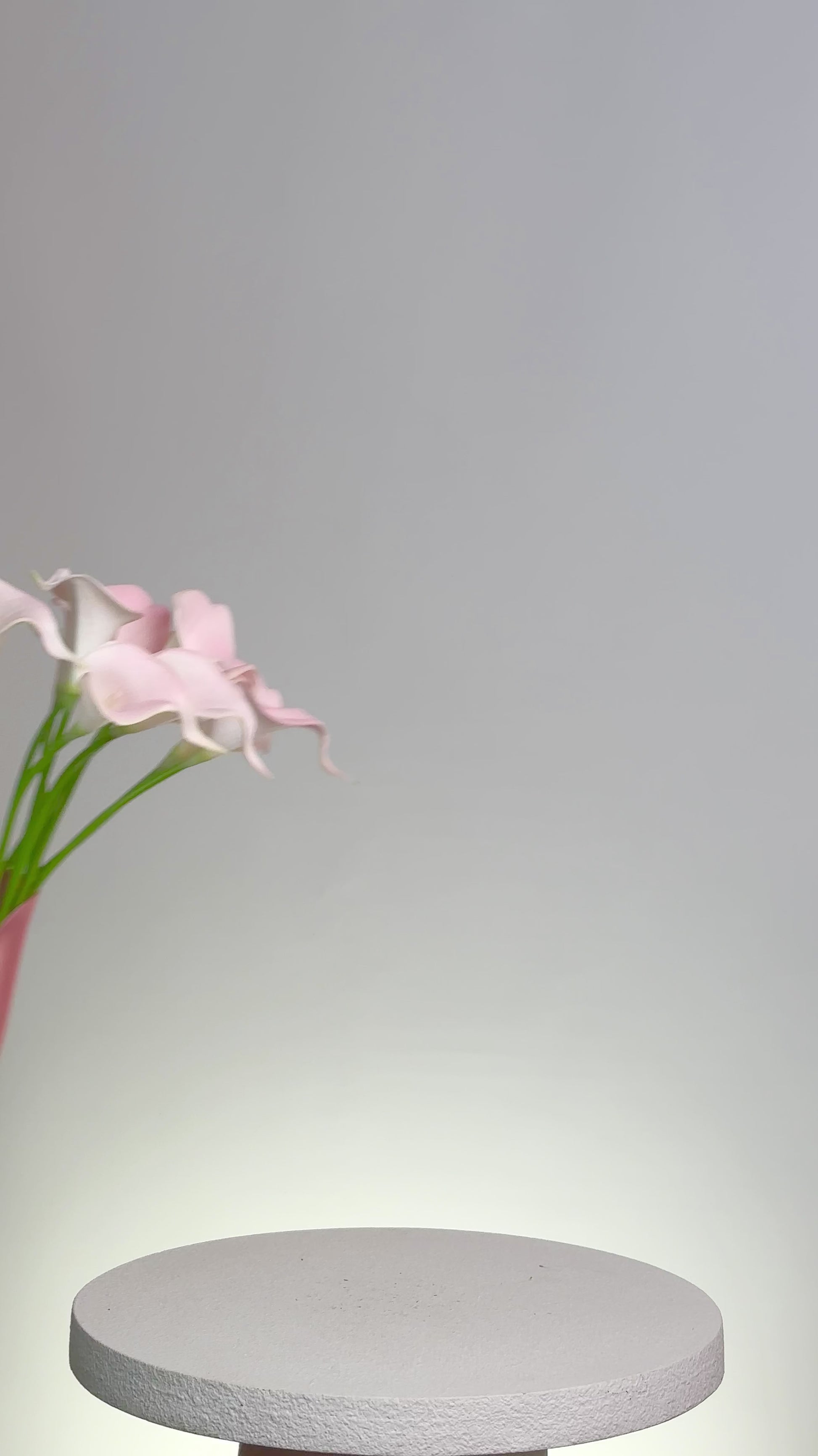 Bouquet of pink flowers with a white circular object in the foreground on a gray background