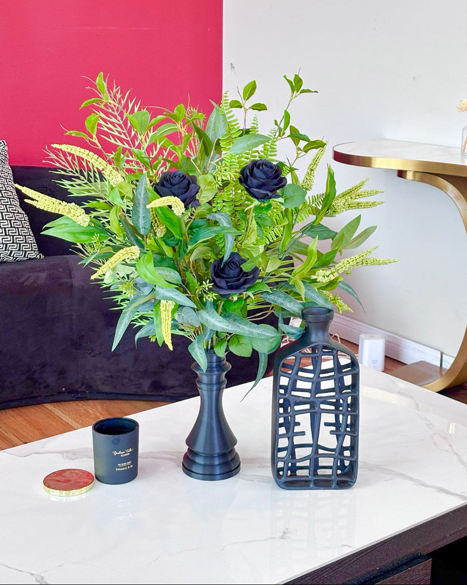 artificial centerpiece arrangementt with black roses in modern black vase