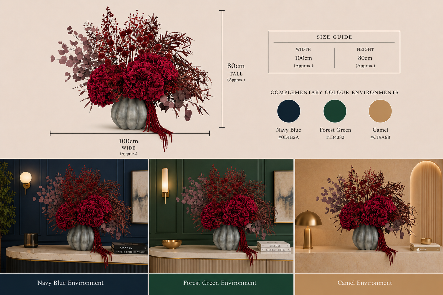 Floral arrangement with measurements and color complementation guide on a beige background