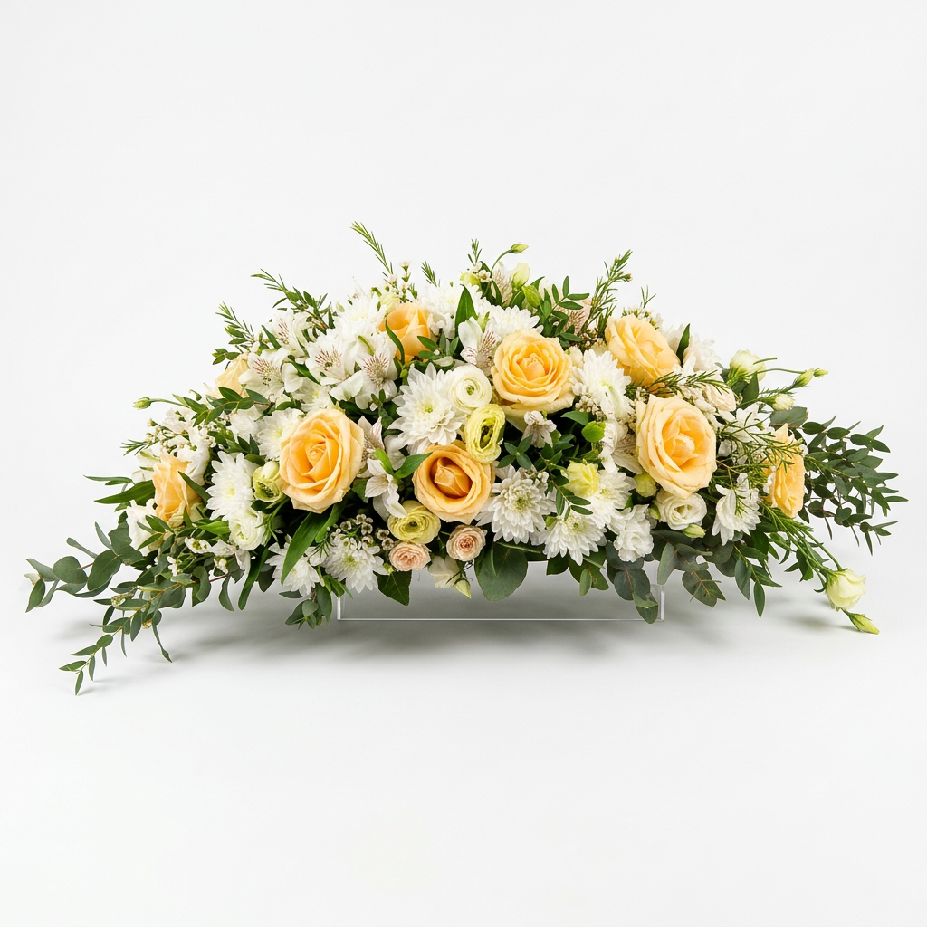 A long floral centerpiece arrangement with pale yellow roses, white flowers, and green foliage draped over a white table runner in an indoor event setting.