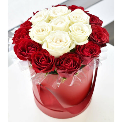 Red and white rose box with romantic roses, arranged elegantly in a gift box from OfficeFlower