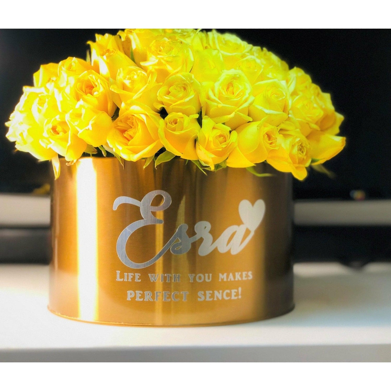 Yellow Rose Box with fresh yellow roses in a golden box 